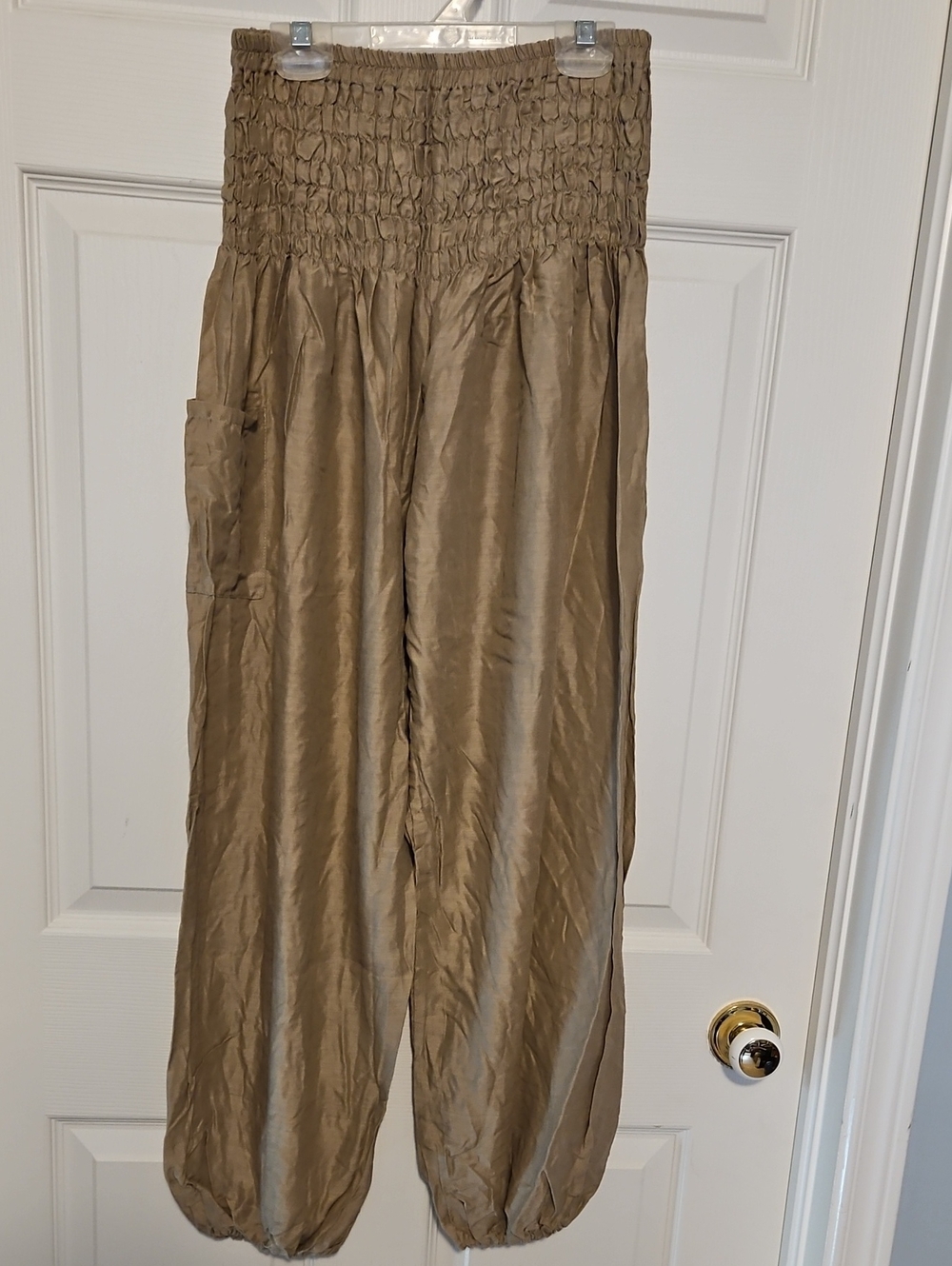 Smocked High-Waist Harem Pants - Taupe